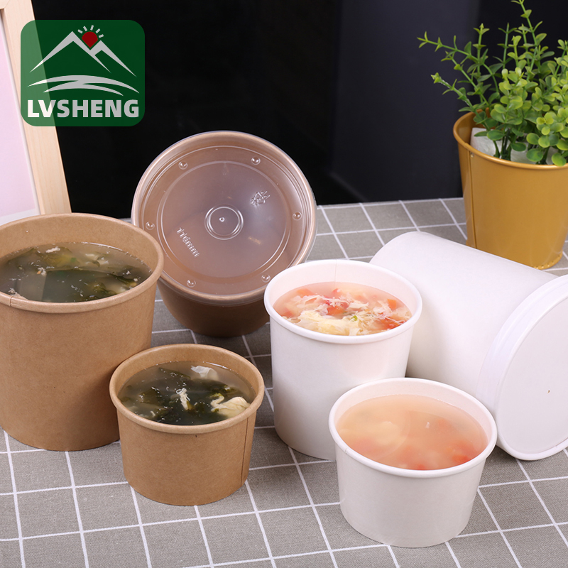 El empaque de papel Lvsheng lanza un tazón de sopa de papel Kraft 100% compostable con tapa